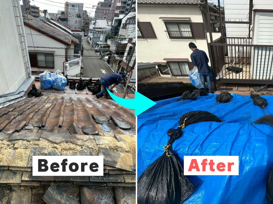 屋根のブルーシート養生事例(阿倍野区)