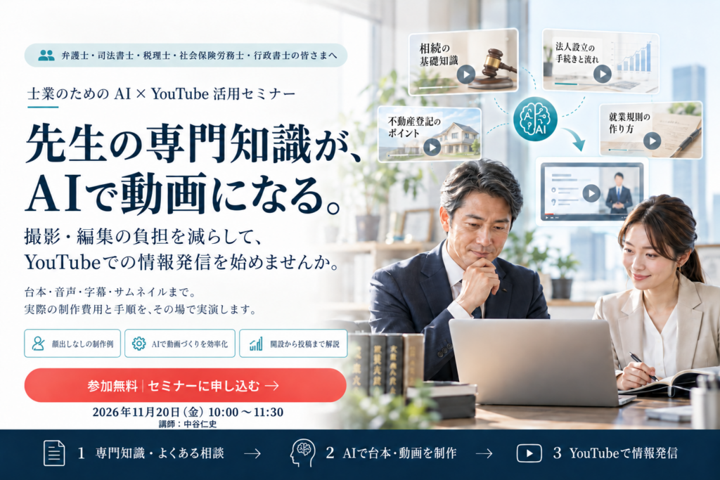 【11月20日・無料】士業のためのAI×YouTube活用セミナー