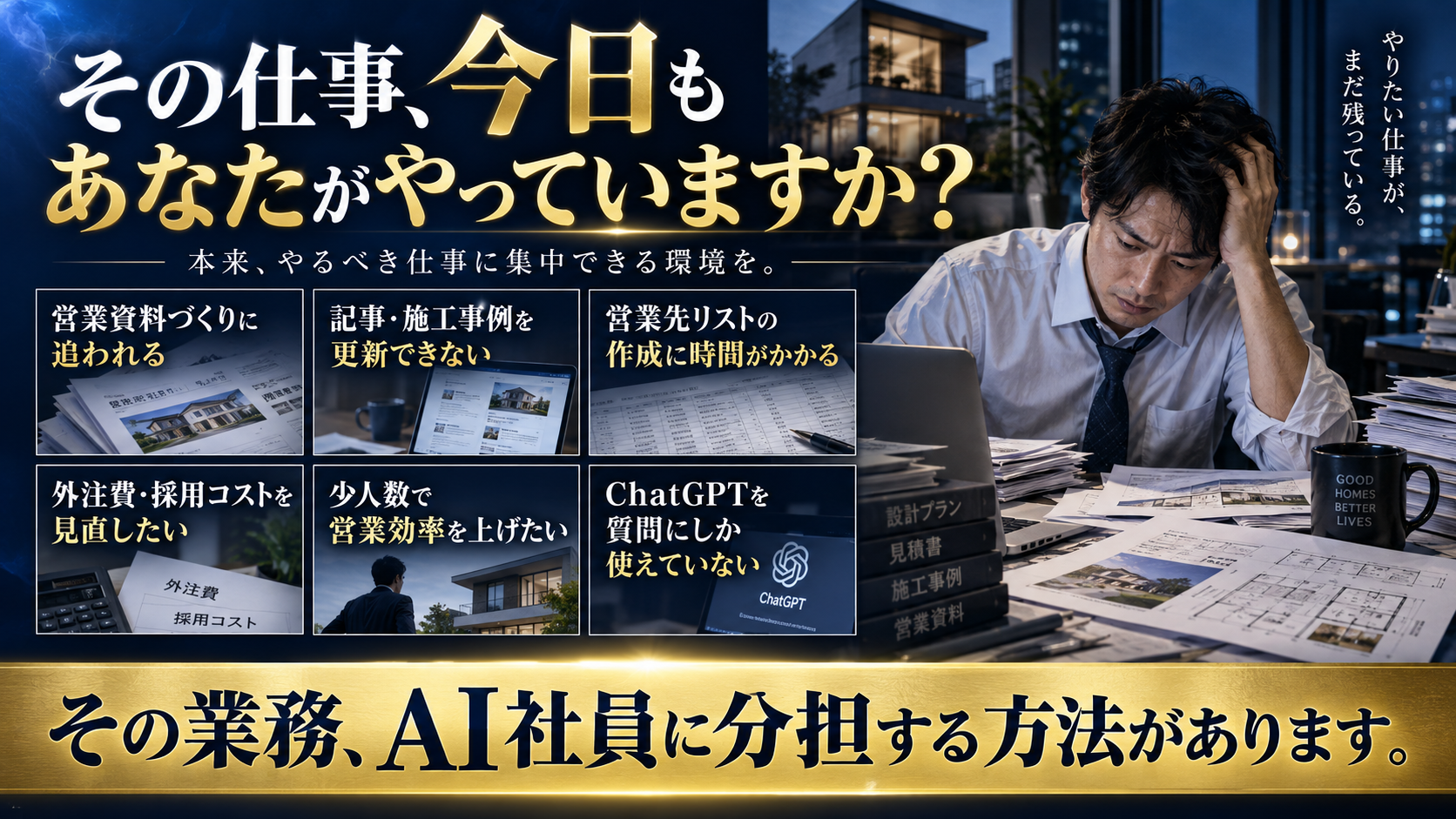 その仕事、今日もあなたがやっていますか?営業資料、記事・施工事例、営業先リストの作成、外注費・採用コスト、少人数での営業効率、ChatGPTの使い方に悩む会社へ。