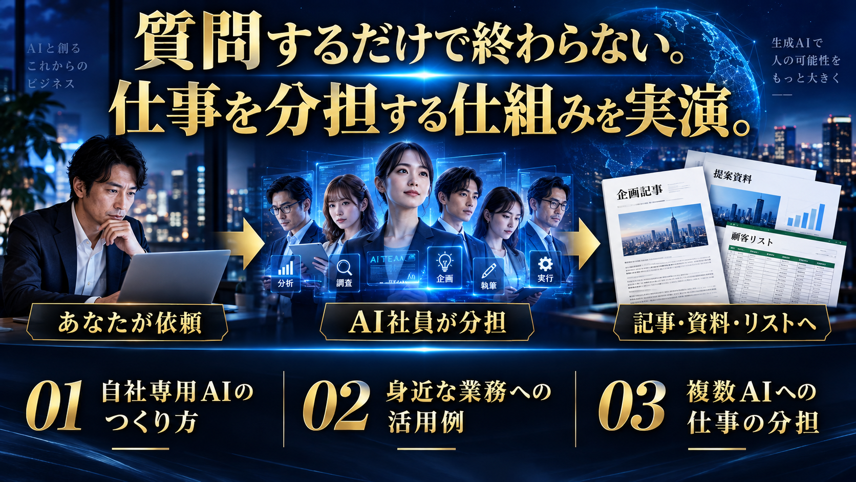 質問するだけで終わらない。仕事を分担する仕組みを実演。あなたが依頼し、AI社員が分担して記事・資料・リストへ。自社専用AIのつくり方、身近な業務への活用例、複数AIへの仕事の分担を紹介。