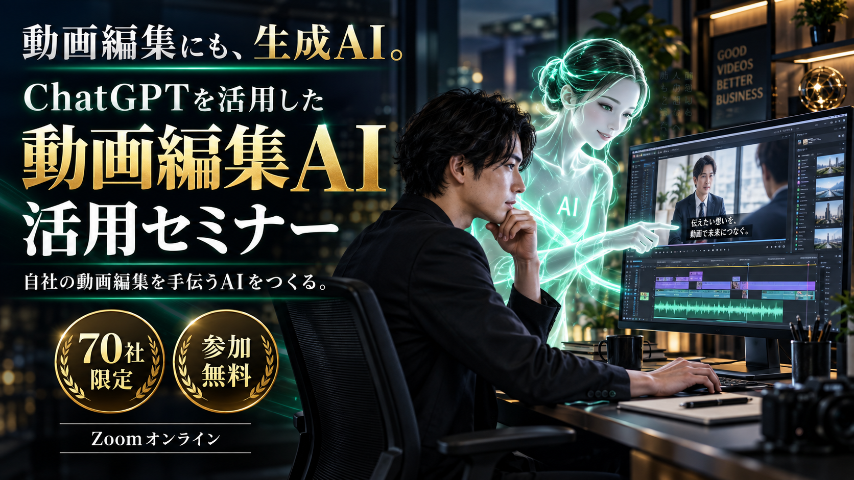 動画編集にも、生成AI。ChatGPTを活用した動画編集AI活用セミナー。自社の動画編集を手伝うAIをつくる。70社限定、参加無料、Zoomオンライン。