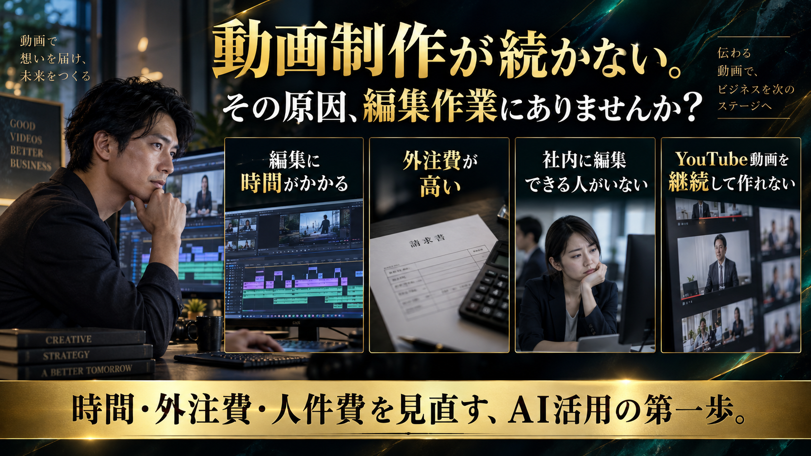 動画制作が続かない。その原因、編集作業にありませんか?編集に時間がかかる、外注費が高い、社内に編集できる人がいない、YouTube動画を継続して作れない。時間・外注費・人件費を見直す、AI活用の第一歩。