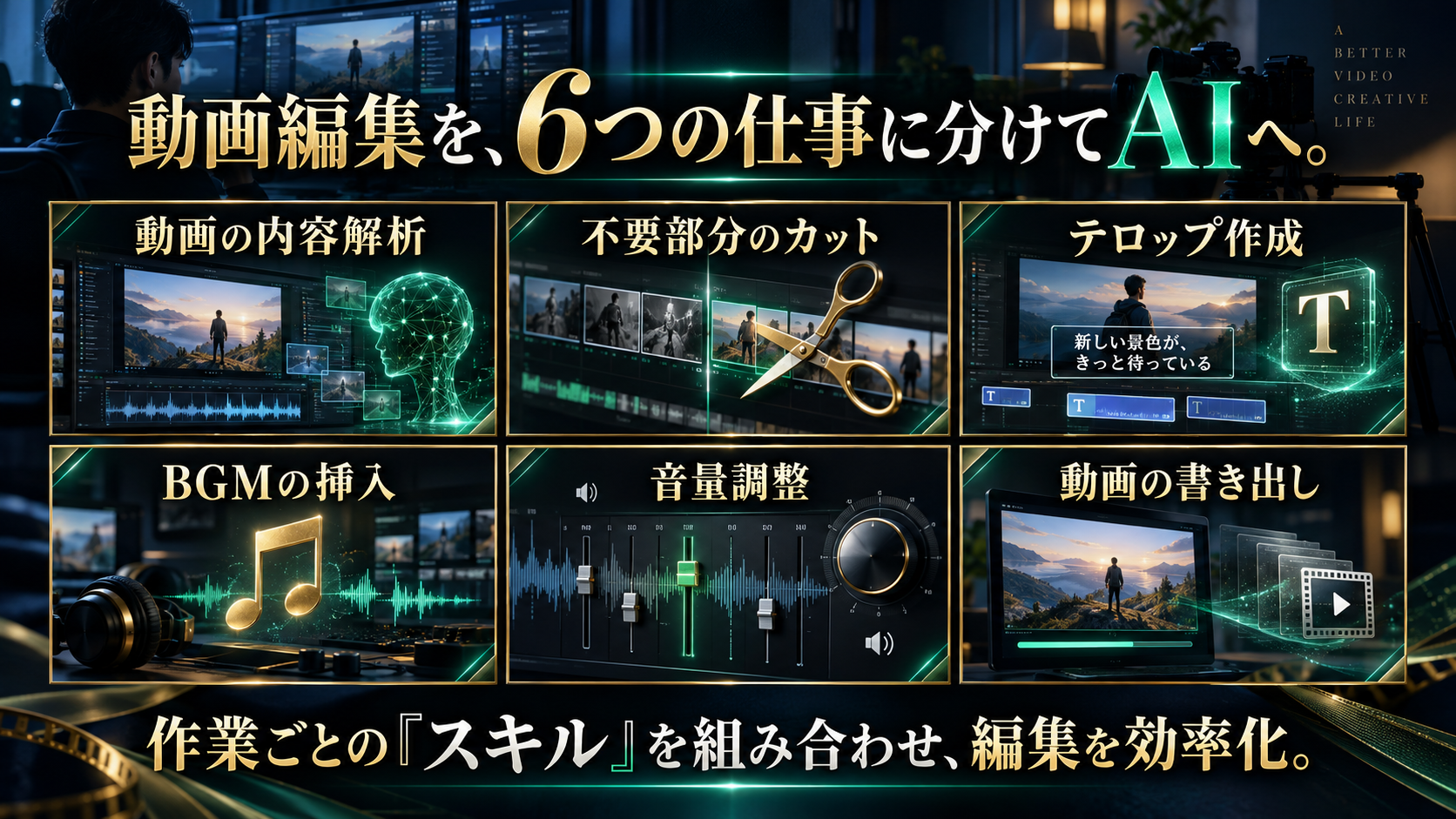 動画編集を6つの仕事に分けてAIへ。動画の内容解析、不要部分のカット、テロップ作成、BGMの挿入、音量調整、動画の書き出し。作業ごとのスキルを組み合わせ、編集を効率化。