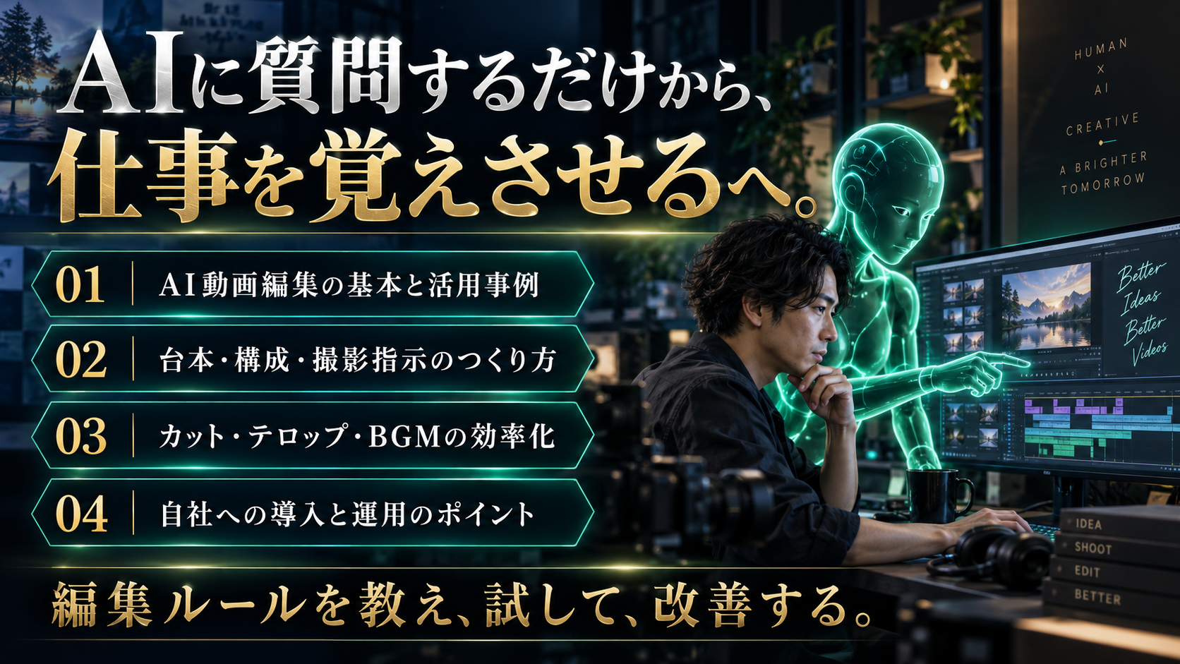 AIに質問するだけから、仕事を覚えさせるへ。AI動画編集の基本と活用事例、台本・構成・撮影指示のつくり方、カット・テロップ・BGMの効率化、自社への導入と運用のポイント。編集ルールを教え、試して、改善する。