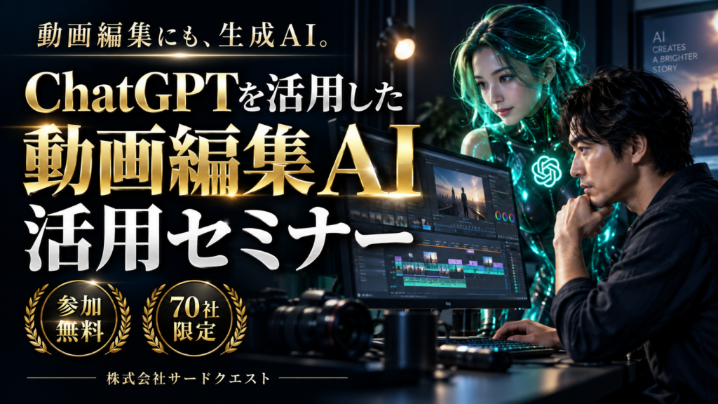 ChatGPTを活用した動画編集AI活用セミナー。参加無料・70社限定。株式会社サードクエスト。
