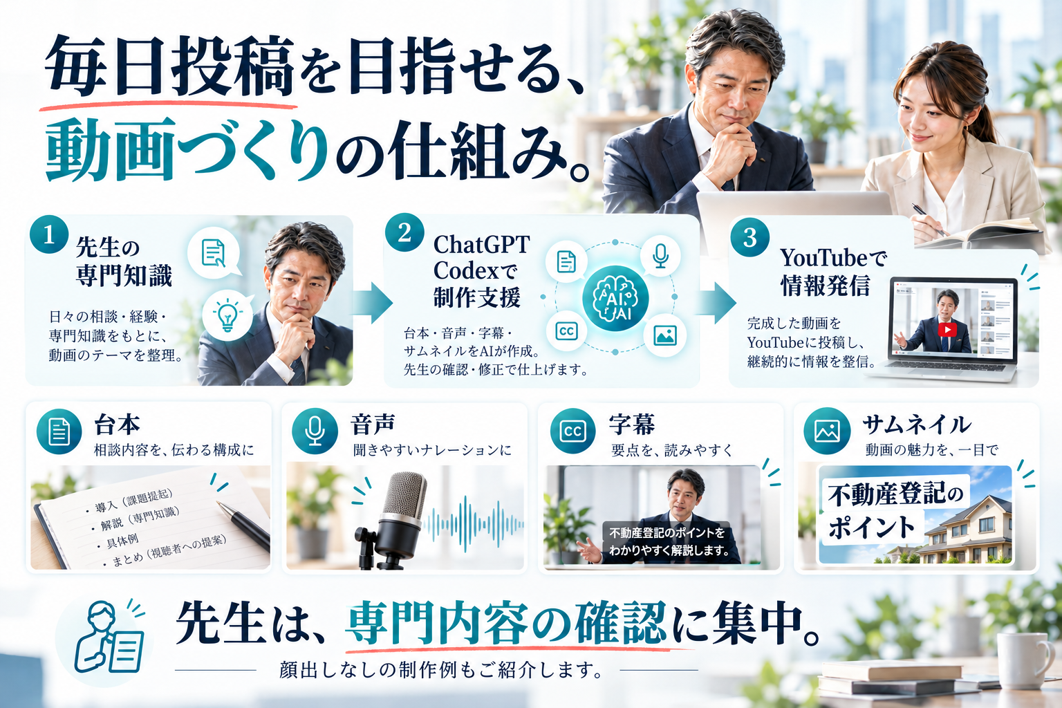 毎日投稿を目指せる動画づくりの仕組み。専門知識からChatGPT Codexで台本・音声・字幕・サムネイルを制作し、YouTubeで情報発信。先生は専門内容の確認に集中。顔出しなしの制作例も紹介。