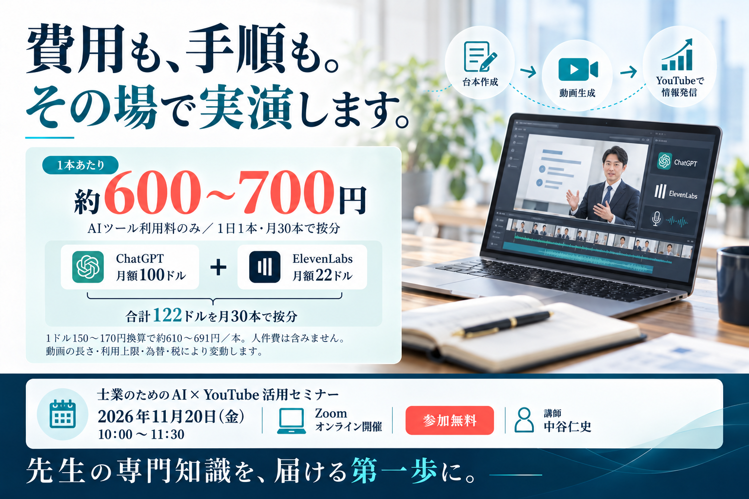 費用も手順もその場で実演。ChatGPT月額100ドルとElevenLabs月額22ドル、合計122ドルを月30本で按分。2026年11月20日(金)10:00〜11:30、Zoomオンライン、無料、講師 中谷仁史。
